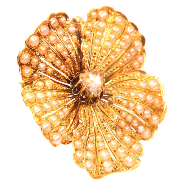 Antique Victorian Diamond and Pearl Gold Pansy Pendant Brooch