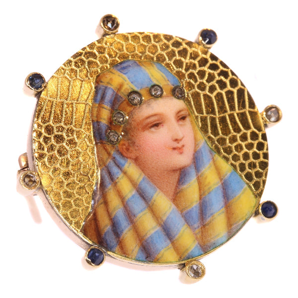 Antique Victorian Gold Enamelled Bedouin Woman Brooch