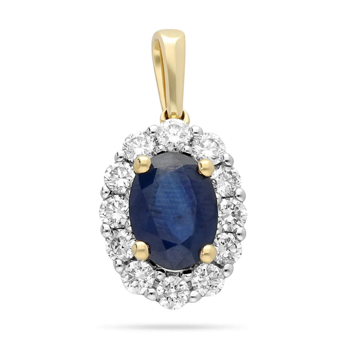 14 Carat Yellow and White Gold Sapphire 0.90 Carat and Diamond 0.35 Carat Oval Cluster Pendant
