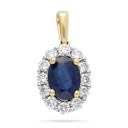 14 Carat Yellow and White Gold Sapphire 0.90 Carat and Diamond 0.35 Carat Oval Cluster Pendant