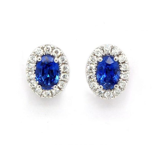 Sapphire Jewellery Sapphire and Diamond Oval Cluster Stud Earrings in 18ct White Gold, 1.12 carats