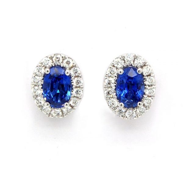 Sapphire Jewellery Sapphire and Diamond Oval Cluster Stud Earrings in 18ct White Gold, 1.12 carats