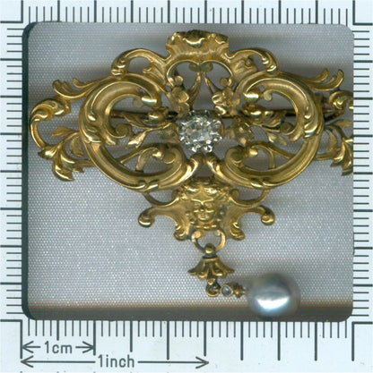 Antique Victorian Diamond Set 18ct Yellow Gold Angels Head Motif Brooch Pendant