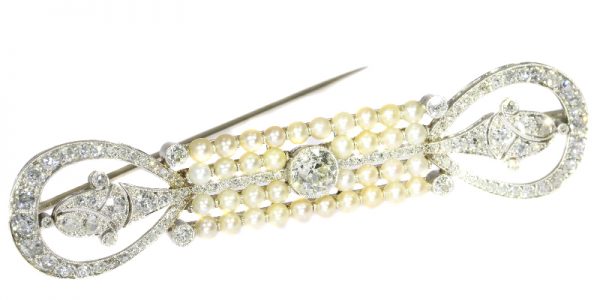 Antique Art Deco Platinum Diamond and Pearl Brooch