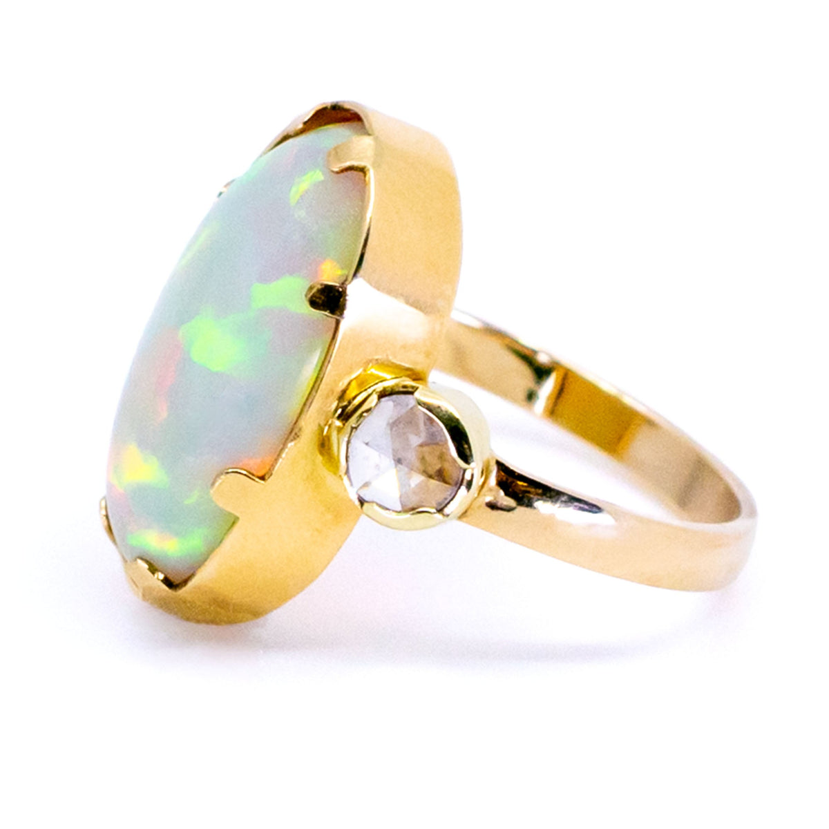 Diamond and Ethiopian Opal Three Stone Trilogy Ring, Yellow Gold