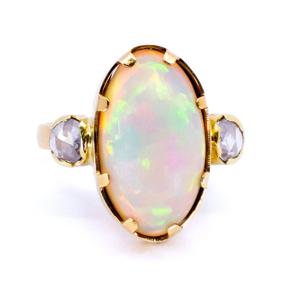 Diamond and Ethiopian Opal Three Stone Trilogy Ring, Yellow Gold