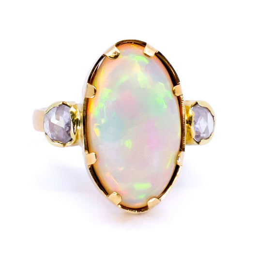 Diamond and Ethiopian Opal Three Stone Trilogy Ring, Yellow Gold