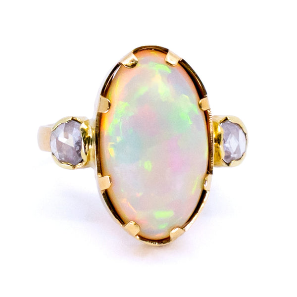 Diamond and Ethiopian Opal Three Stone Trilogy Ring, Yellow Gold