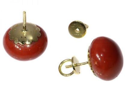 Antique Victorian Cabochon Cut Red Coral Gold Stud Earrings