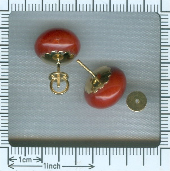 Antique Victorian Cabochon Cut Red Coral Gold Stud Earrings