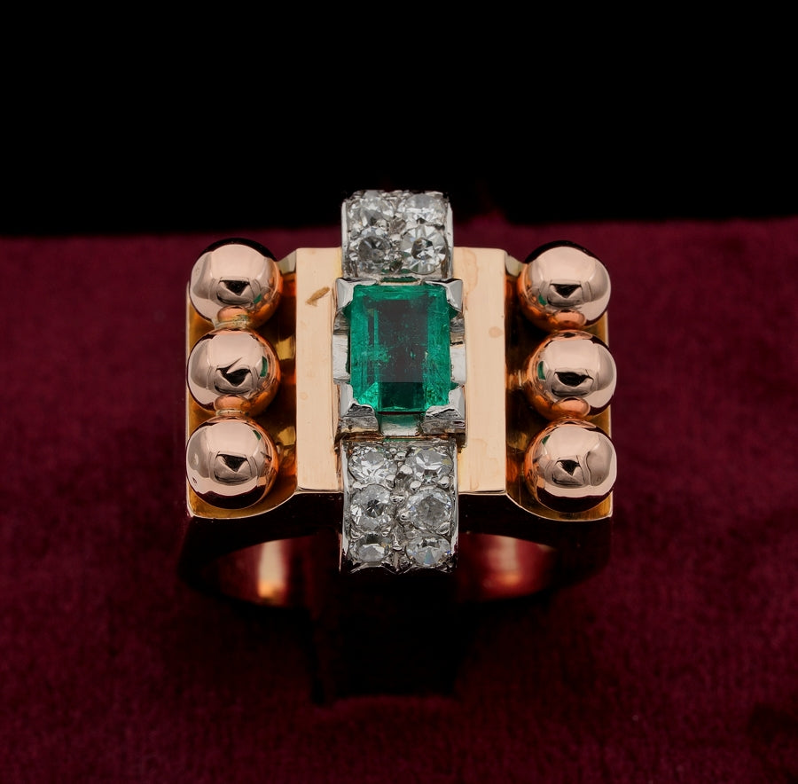 Retro French Emerald Diamond 18ct Rose Gold Tank Cocktail Ring