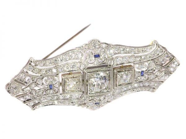 Antique Art Deco Diamond and Sapphire Platinum Brooch