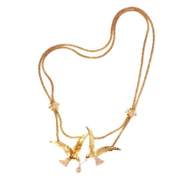 Vintage French Necklace Two Flying Swallows Carrying a Pear Shaped Diamond