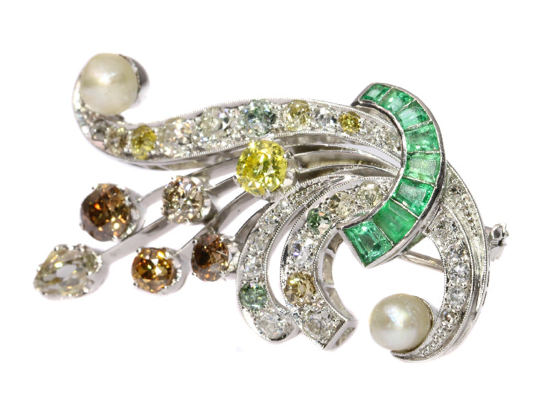 Vintage Fancy Colour Diamond Platinum Bouquet or Feather Pendant Brooch