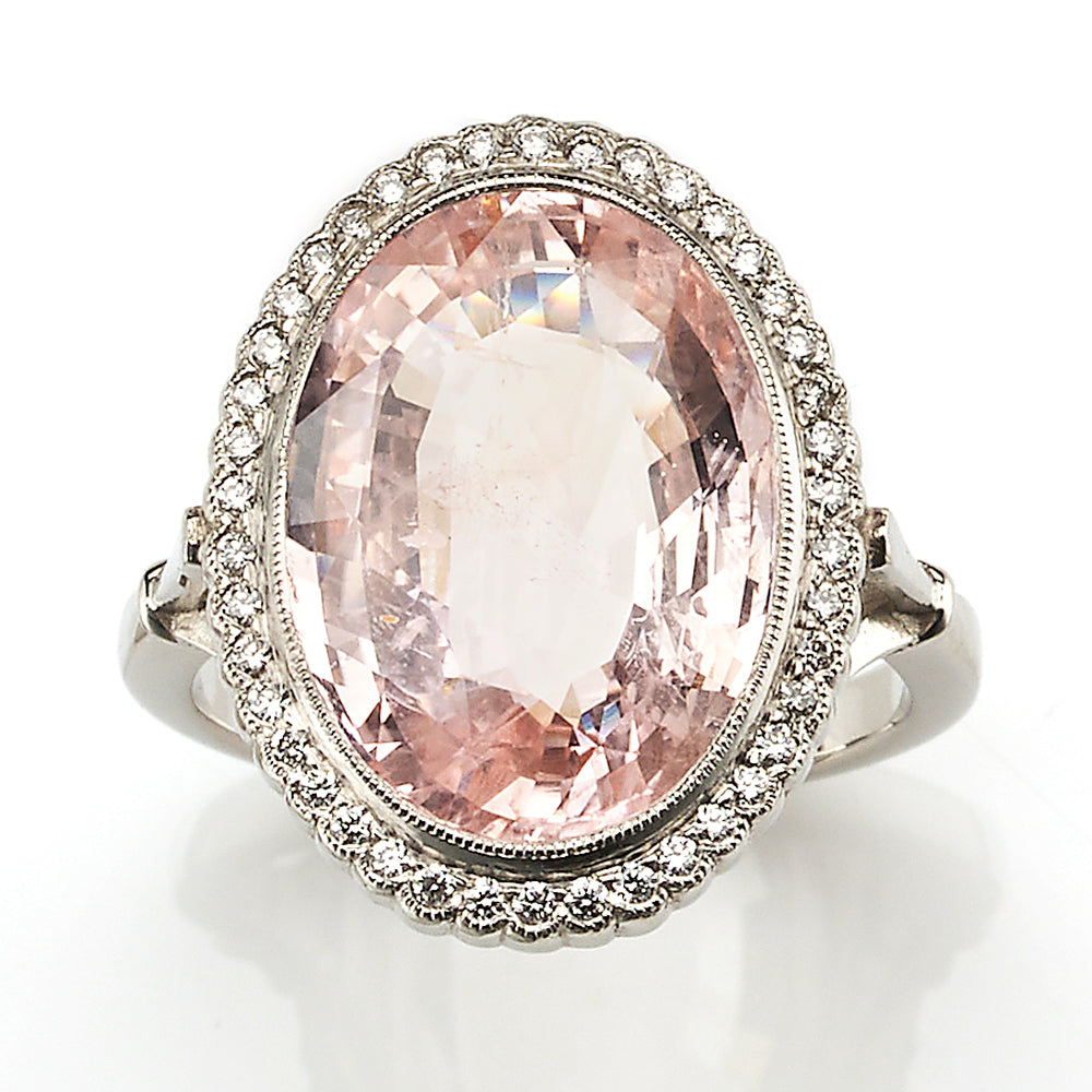 Certified 10.13ct Natural No Heat Oval Cut Peach Sapphire and Diamond Cluster Ring in Platinum with Certificate