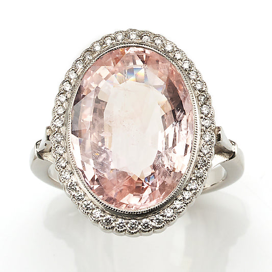 Certified 10.13ct Natural No Heat Oval Cut Peach Sapphire and Diamond Cluster Ring in Platinum with Certificate