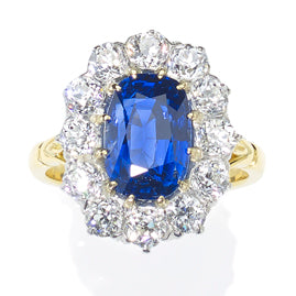 Natural non heated Sapphire and diamond cluster ring, 4.98 carats