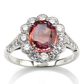Padparadscha Saphire and Diamond Cluster Ring