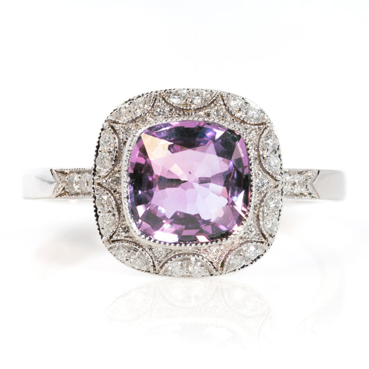 Edwardian Style Pink Sapphire and Diamond Cluster Engagement Ring