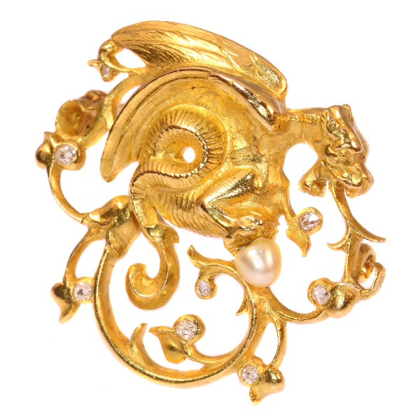 Antique Victorian Diamond and Pearl Griffin Brooch in 18ct Yellow Gold