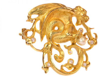 Antique Victorian Diamond and Pearl Griffin Brooch in 18ct Yellow Gold