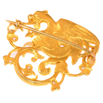Antique Victorian Diamond and Pearl Griffin Brooch in 18ct Yellow Gold