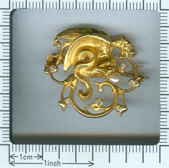 Antique Victorian Diamond and Pearl Griffin Brooch in 18ct Yellow Gold