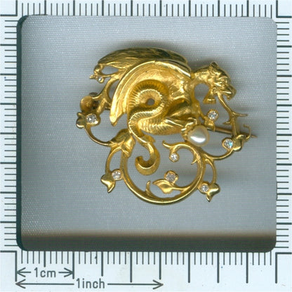Antique Victorian Diamond and Pearl Griffin Brooch in 18ct Yellow Gold