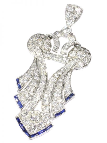 Antique Art Deco Baguette Cut Sapphire and Diamond Pendant, Platinum, Circa 1920