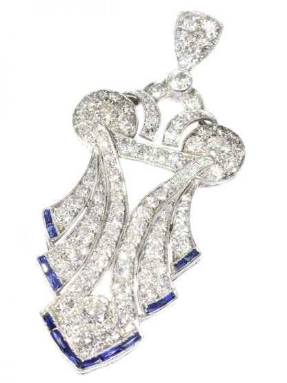 Antique Art Deco Baguette Cut Sapphire and Diamond Pendant, Platinum, Circa 1920