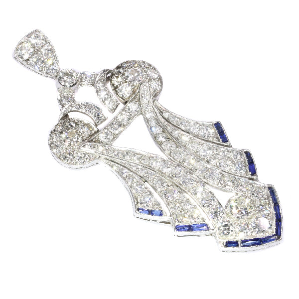 Antique Art Deco Baguette Cut Sapphire and Diamond Pendant, Platinum, Circa 1920