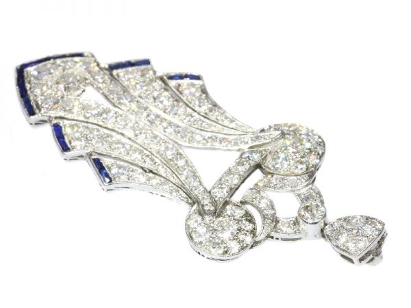 Antique Art Deco Baguette Cut Sapphire and Diamond Pendant, Platinum, Circa 1920