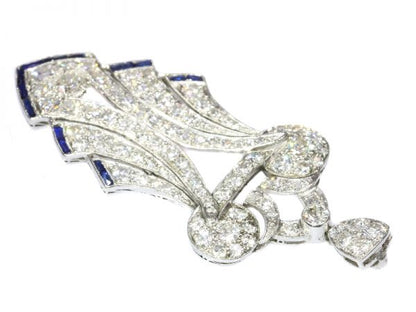 Antique Art Deco Baguette Cut Sapphire and Diamond Pendant, Platinum, Circa 1920