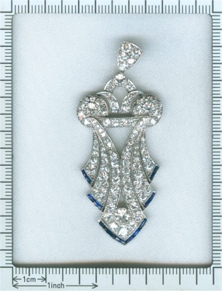 Antique Art Deco Baguette Cut Sapphire and Diamond Pendant, Platinum, Circa 1920