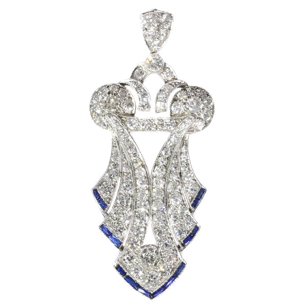 Antique Art Deco Baguette Cut Sapphire and Diamond Pendant, Platinum, Circa 1920