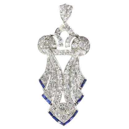 Antique Art Deco Baguette Cut Sapphire and Diamond Pendant, Platinum, Circa 1920