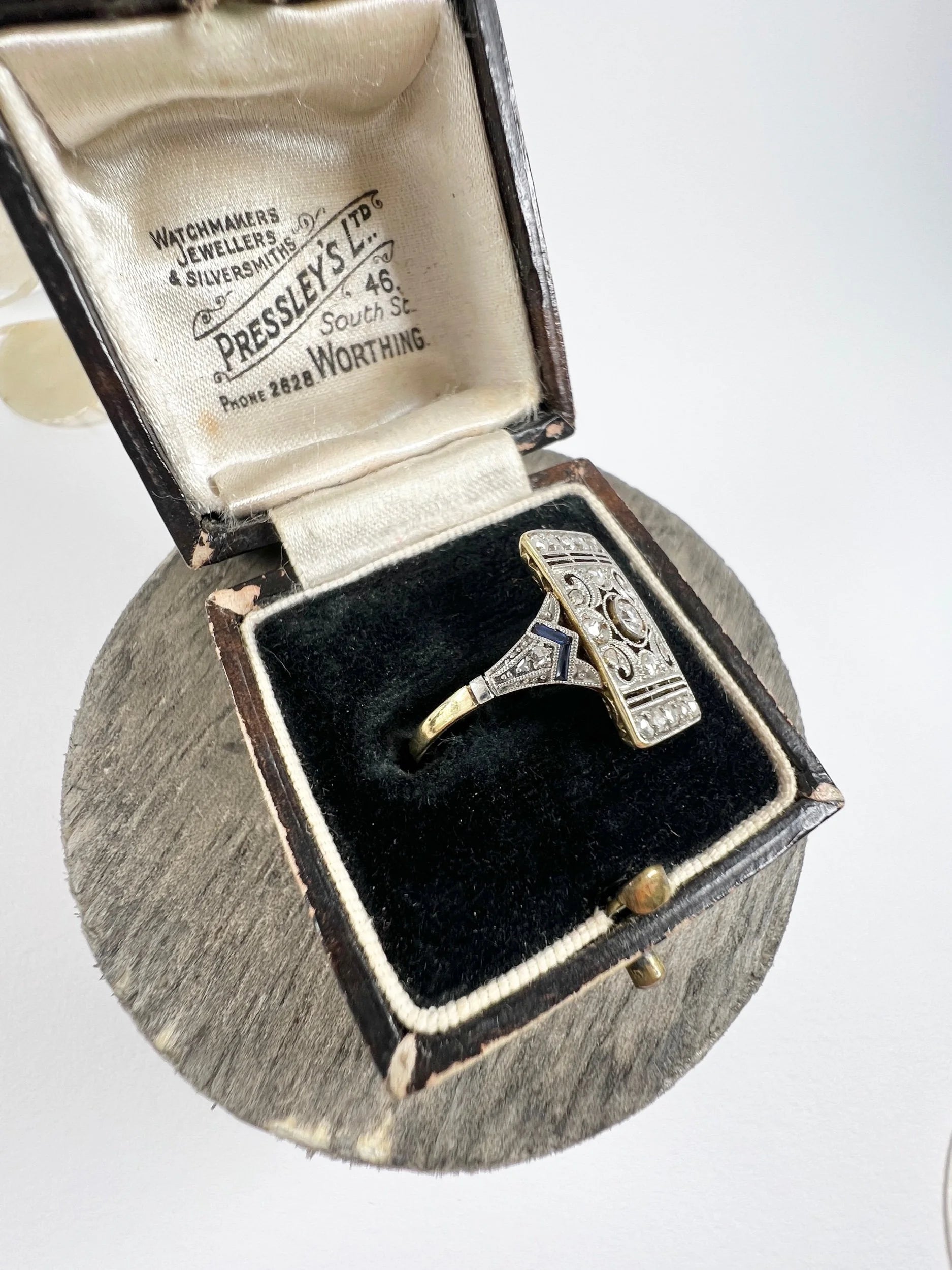 Antique 18ct Gold & Platinum Art Deco Rectangular Diamond  and Sapphire Plaque Ring