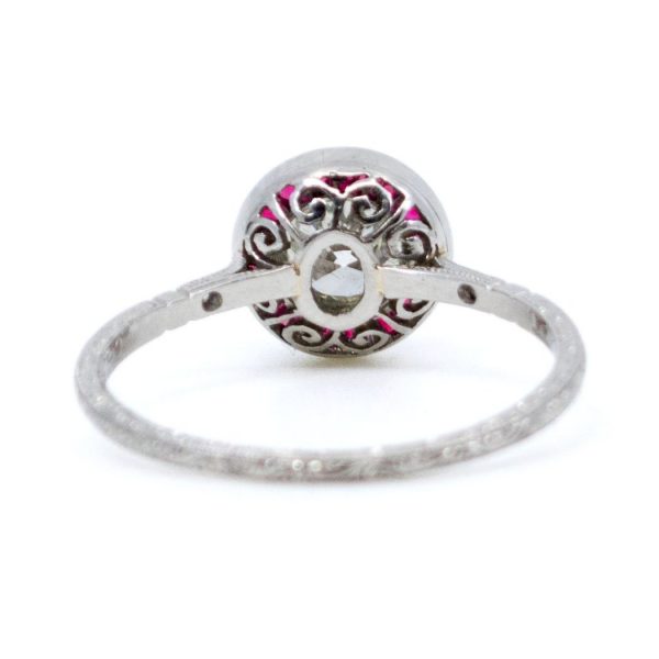 Vintage Old European Cut Diamond and French Cut Ruby Halo Ring