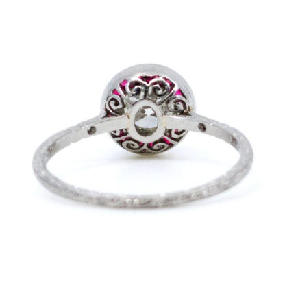 Vintage Old European Cut Diamond and French Cut Ruby Halo Ring