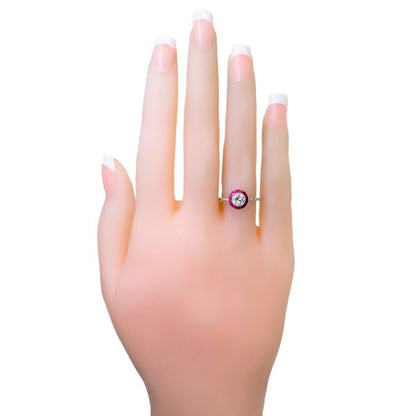 Vintage Old European Cut Diamond and French Cut Ruby Halo Ring