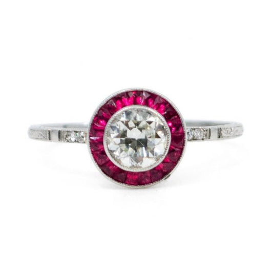 Vintage Old European Cut Diamond and French Cut Ruby Halo Ring