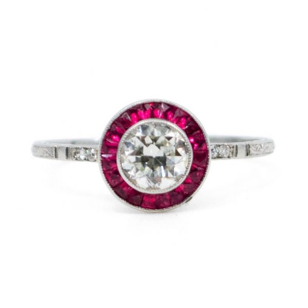 Vintage Old European Cut Diamond and French Cut Ruby Halo Ring