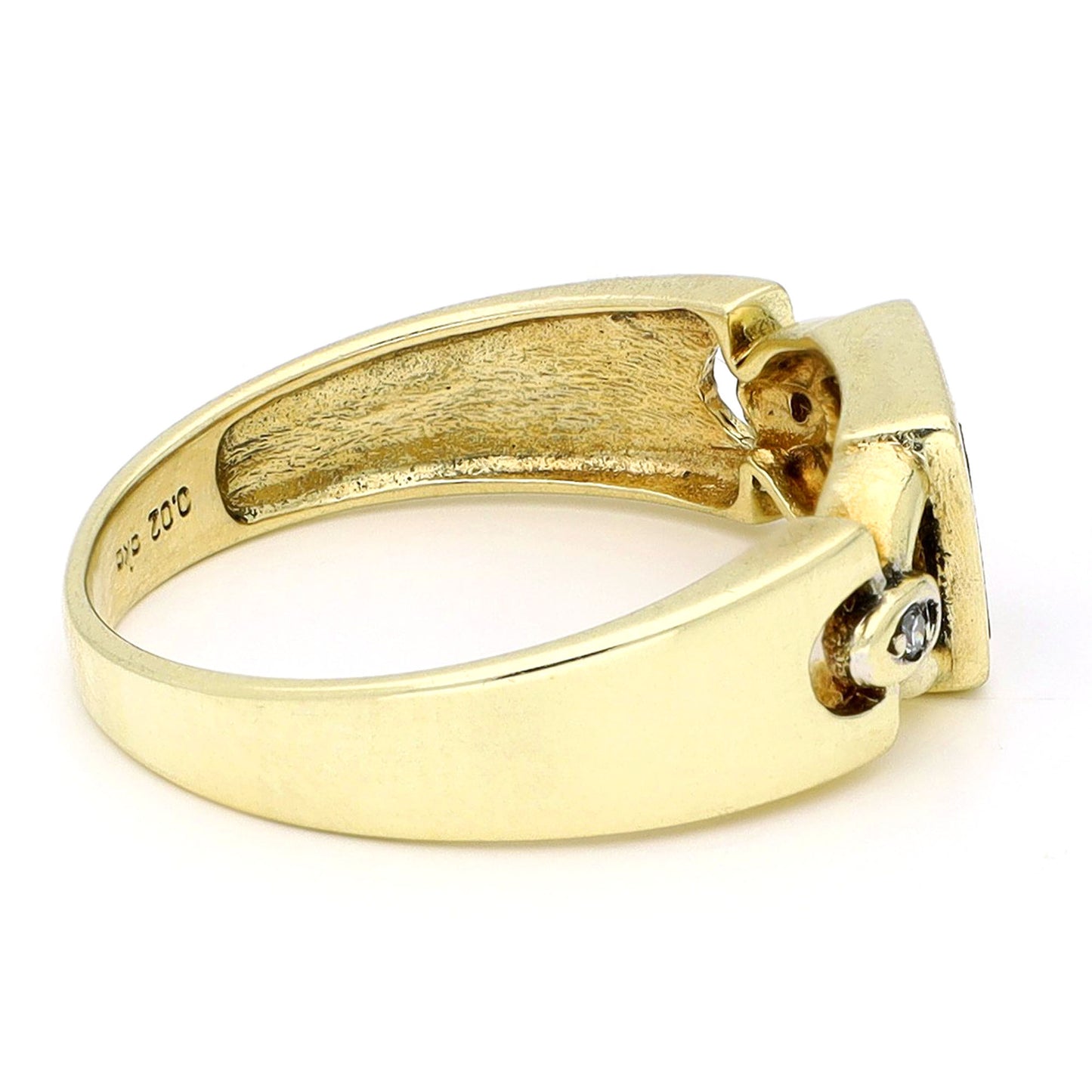 A yellow gold ring, stamped 0.02, against a white background