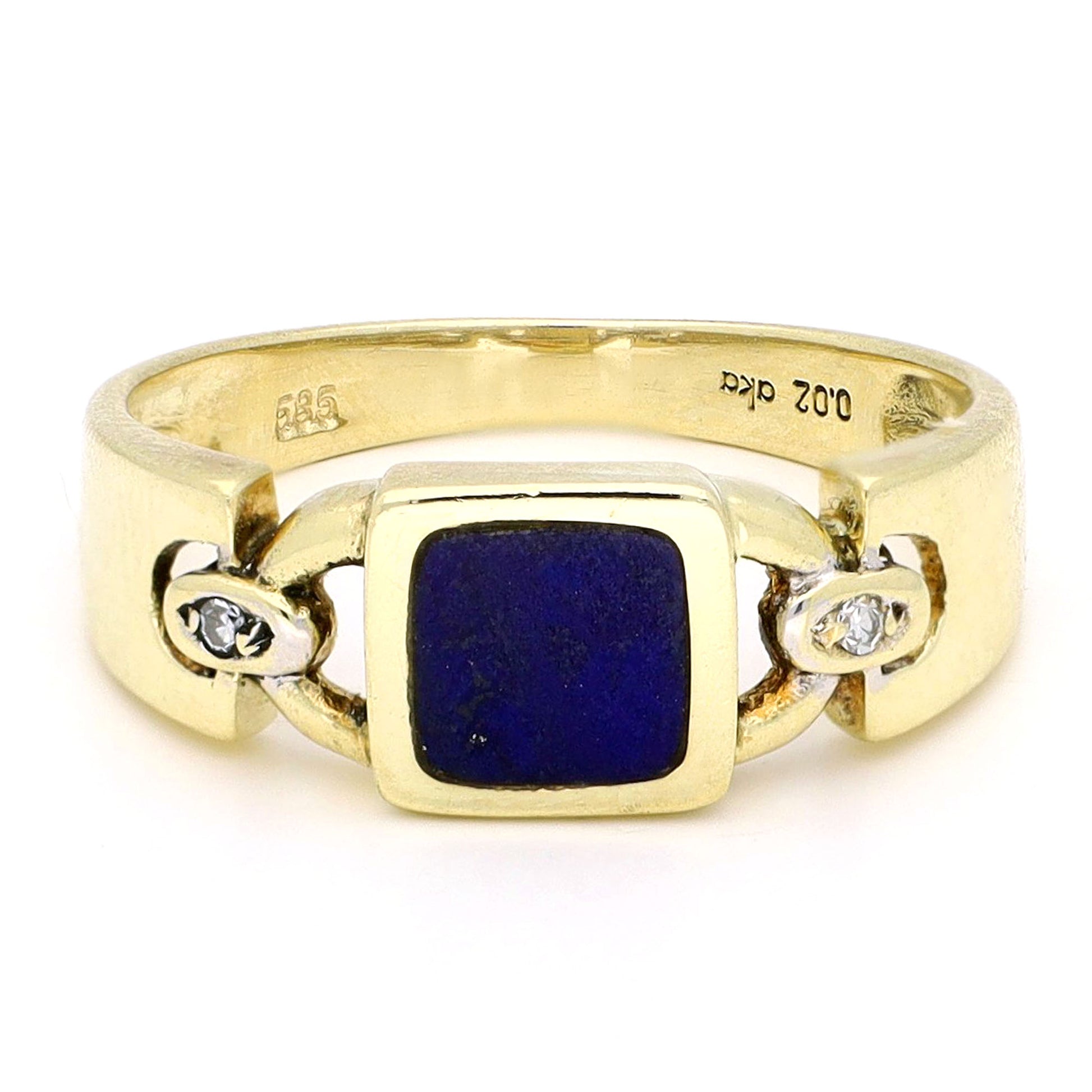 A square lapis lazuli and round diamond three stone ring in yellow gold, stamped 585, against a white background