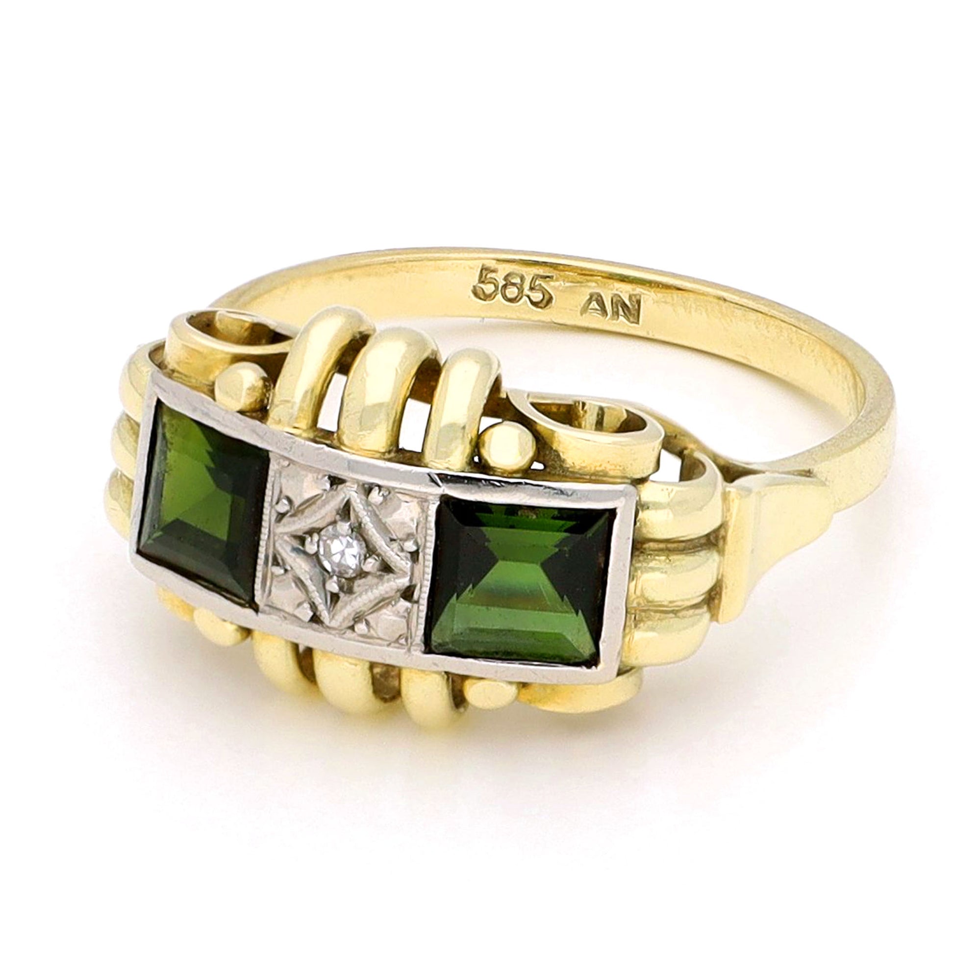 Square green tourmaline and round diamond ring in yellow and white gold, stamped 585, against a white background