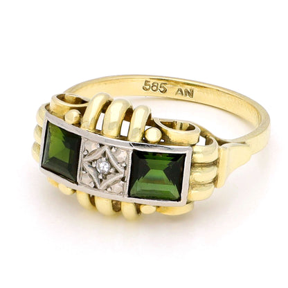 Square green tourmaline and round diamond ring in yellow and white gold, stamped 585, against a white background