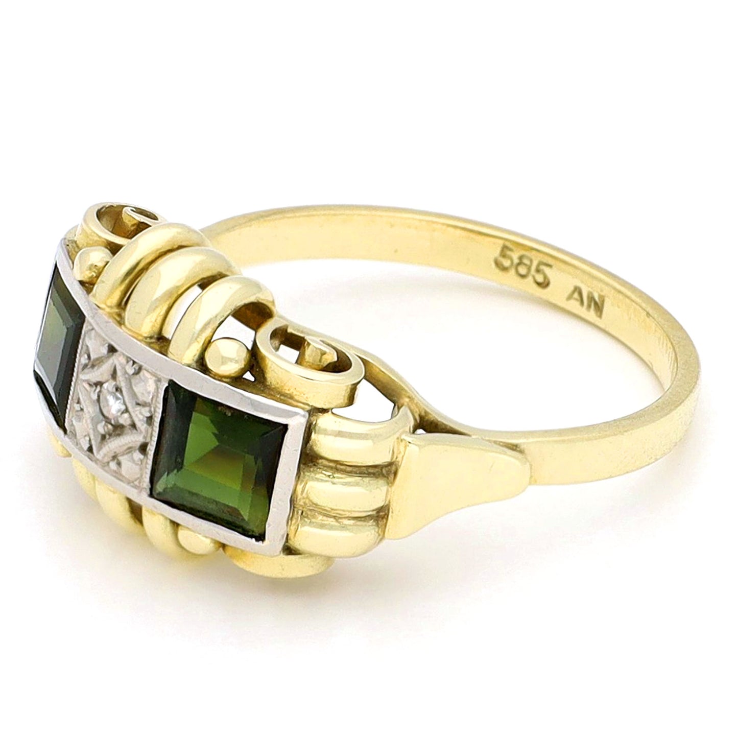 Square green tourmaline and round diamond ring in yellow and white gold, stamped 585, against a white background