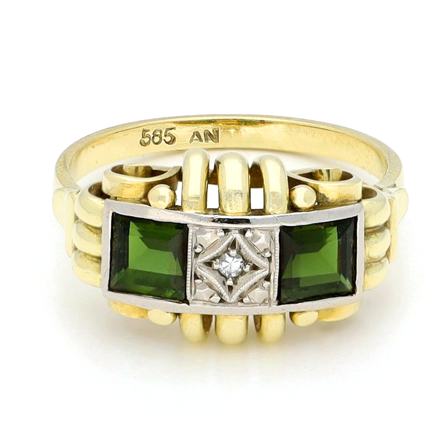 Square green tourmaline and round diamond ring in yellow and white gold, stamped 585, against a white background