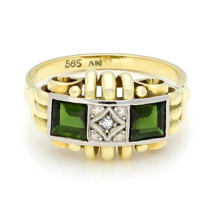 Square green tourmaline and round diamond ring in yellow and white gold, stamped 585, against a white background