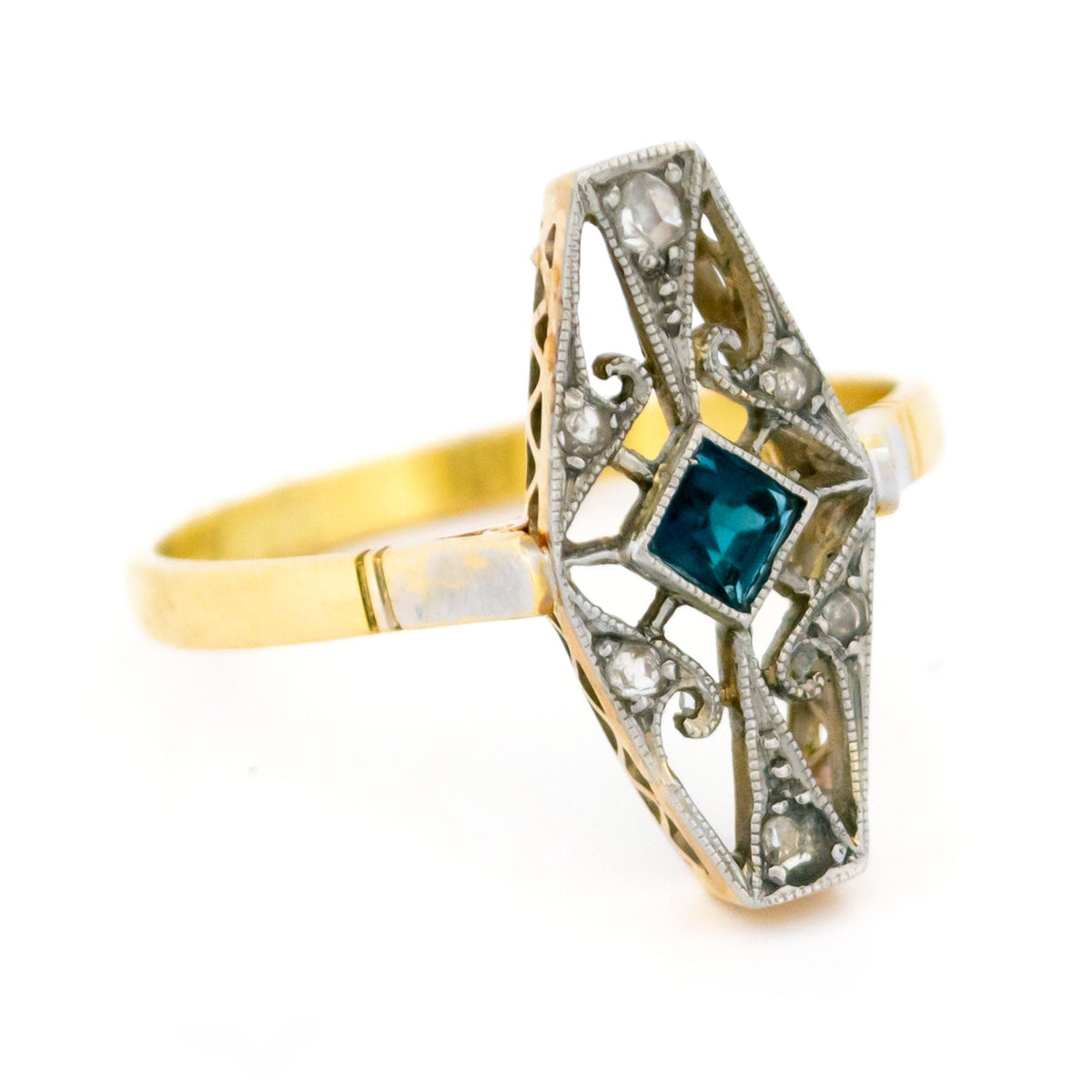 Diamond Sapphire 14ct Gold and Platinum Navette-Shape Engagement Ring